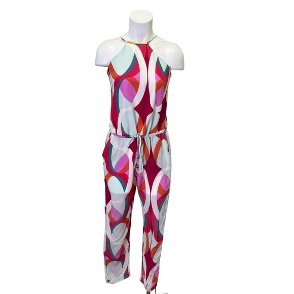 Marciano Silk Graphic Print Halter Neck Jumpsuit Size 6 Mod Psychedelic - Picture 1 of 10
